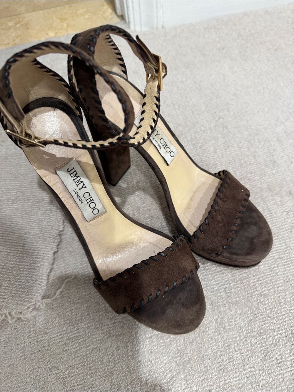 Jimmy Choo Dark Brown Suede Ankle-Strap Block Heels